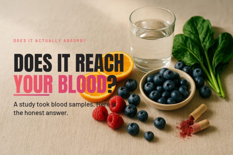 Fresh berries, sliced oranges, leafy greens and open fruit and veg capsules beside a glass of water in soft morning light.