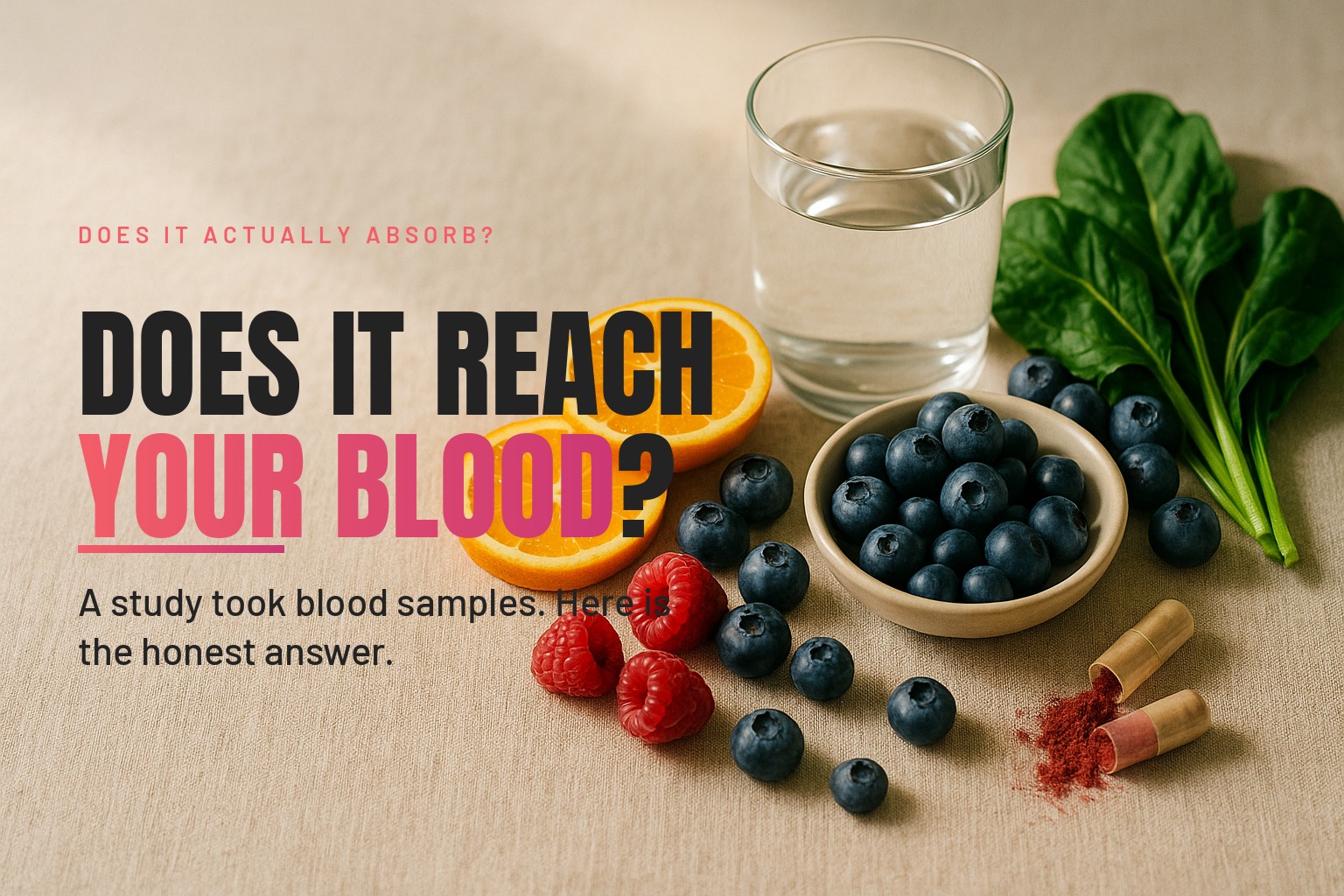 Fresh berries, sliced oranges, leafy greens and open fruit and veg capsules beside a glass of water in soft morning light.
