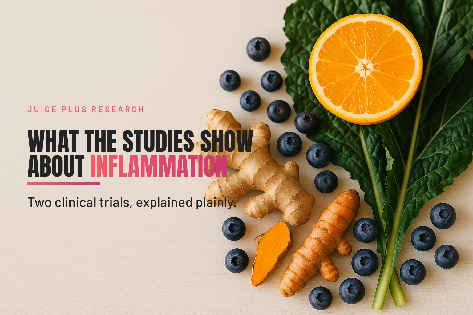 Flat-lay of anti-inflammatory whole foods, fresh ginger, turmeric, blueberries and dark leafy greens on white wood.