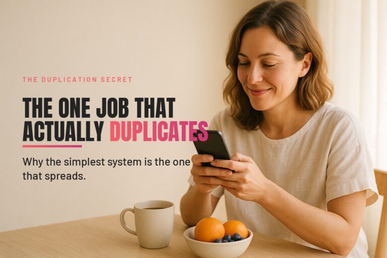 A woman smiling as she sends a friendly message from her phone at a sunlit kitchen table with fresh fruit and coffee.