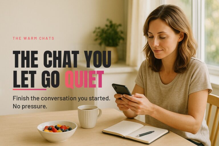 A woman at a sunlit kitchen table, phone in hand and a mug of tea beside her, sending a warm message with a small notebook open in front of her.