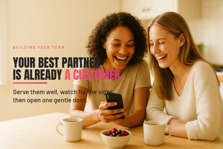 Two women laughing over coffee at a bright kitchen table, one showing the other something on her phone in warm morning light